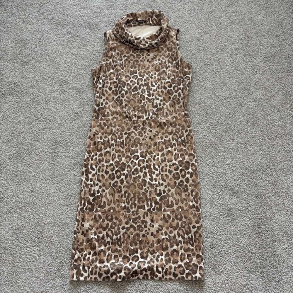 J.McLaughlin Diaz Dress Womens S Tan Brown Leopard Animal Print Cowl Neck Sheath